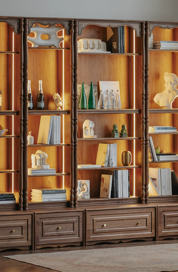 Walnut Full Wall Bookcase System