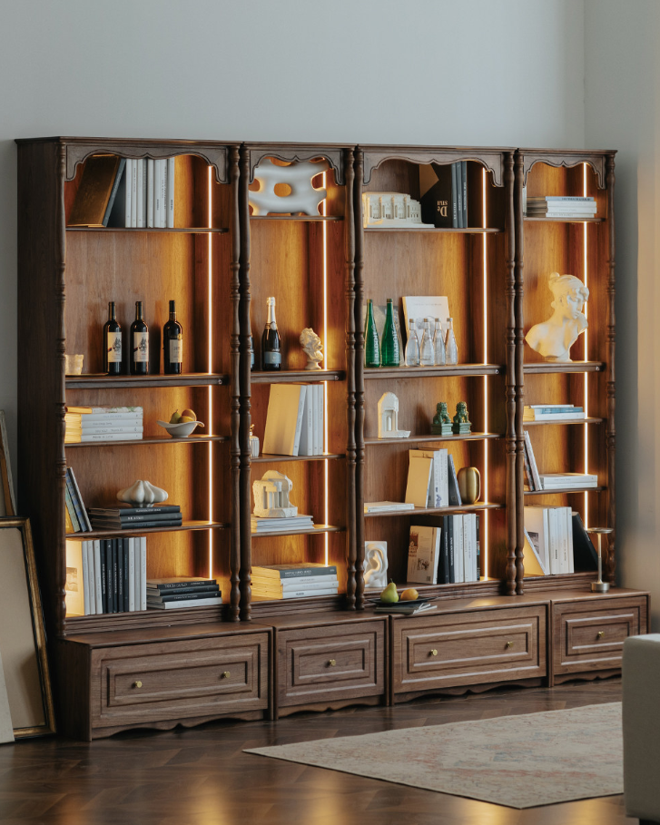 Walnut Full Wall Bookcase System